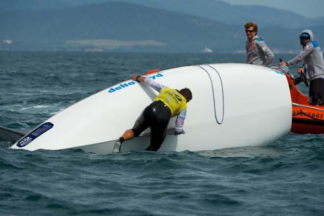 Pieter-Jan Postama on the wrong side of the boat, Finn medal race - 2014 ISAF Sailing World Cup Hyeres © Franck Socha